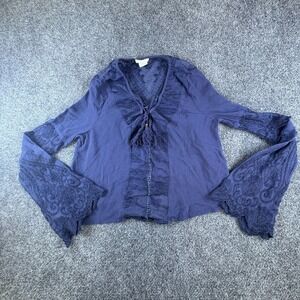 Clover + Scout Blouse Top Womens XS Blue Embroidered Lace Tassel Bell Sleeve